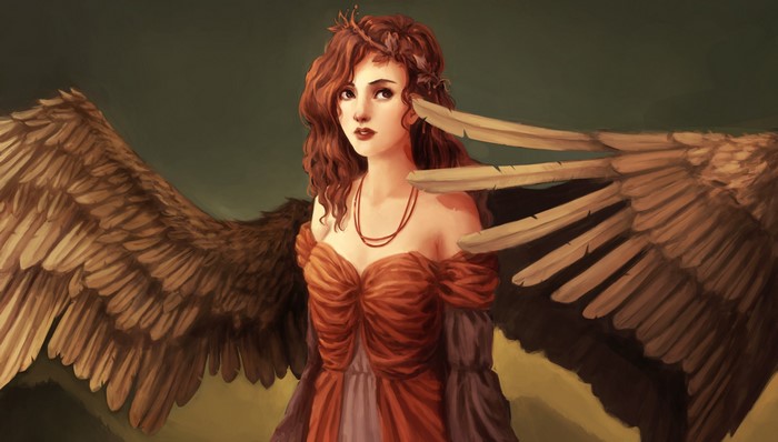 Redhead girl with large wings and a crown