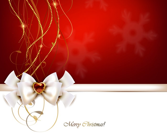Christmas bow with gold ornaments on red background