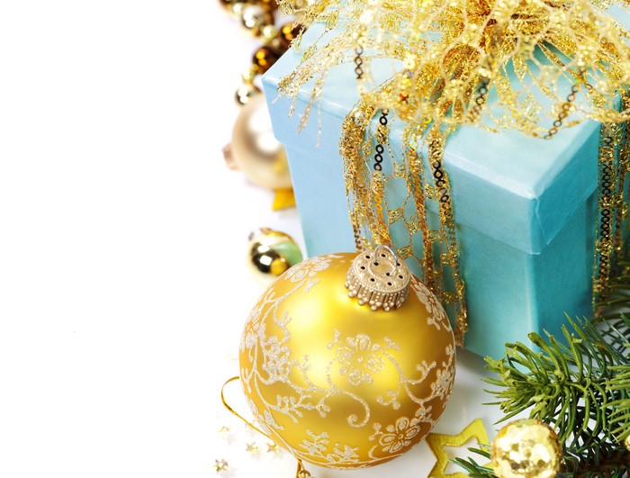 Christmas Gift Box with Ornaments and Pine Sprig