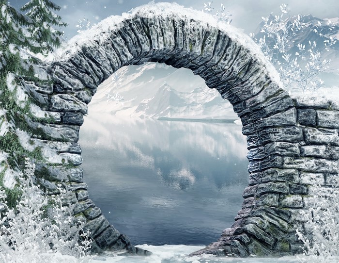 Stone Archway Overlooking a Snowy Lake and Mountains
