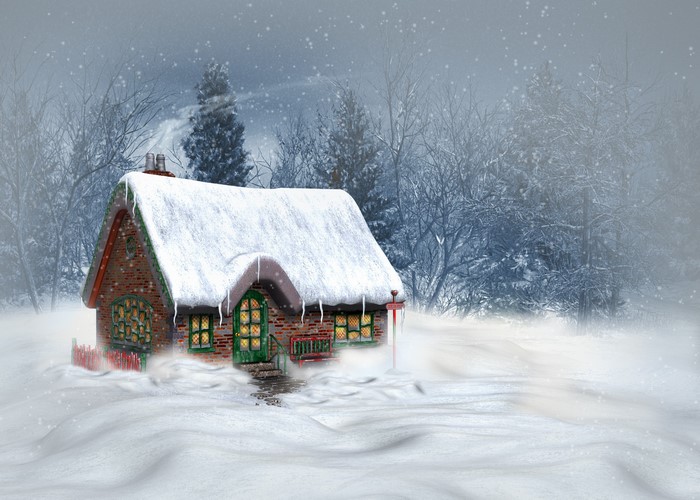 Cozy cottage in a snowy winter forest