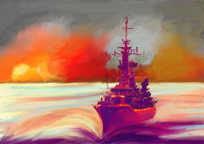 Painting of a warship sailing through rough seas at sunset
