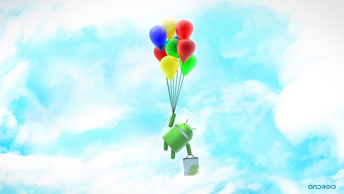 Android character flying with balloons