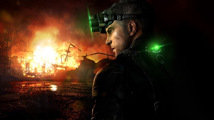 Sam Fisher from Splinter Cell in front of an explosion