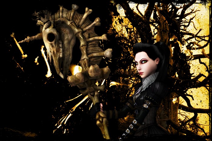 Alice from American McGee's Alice holding a skull staff