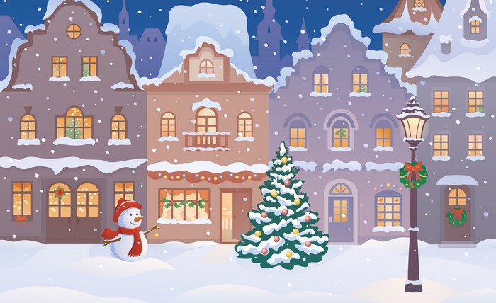 Vector graphic of a snowy Christmas village scene