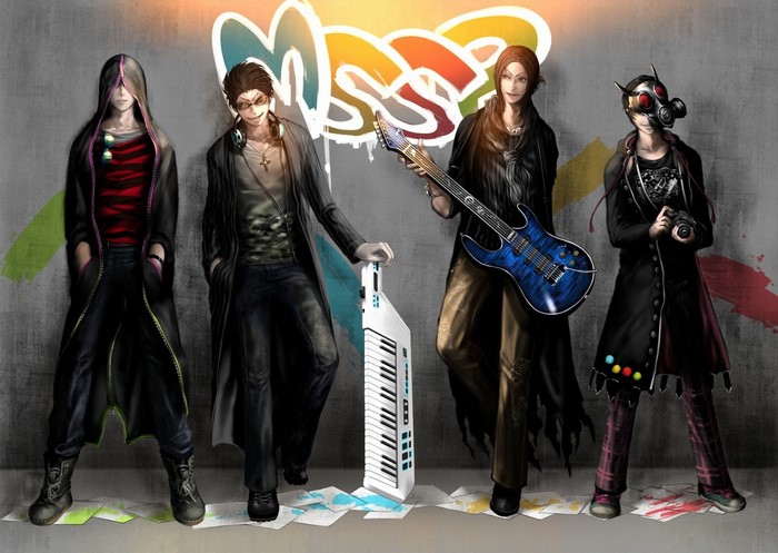Four young men with musical instruments and camera