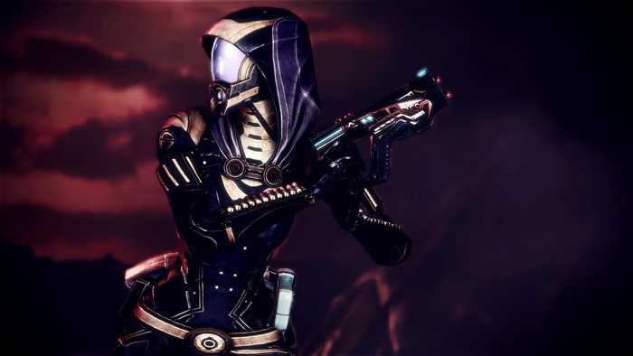 Tali Zorah from Mass Effect holding a weapon