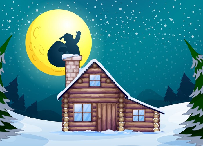 Santa Claus on a Chimney with a Full Moon