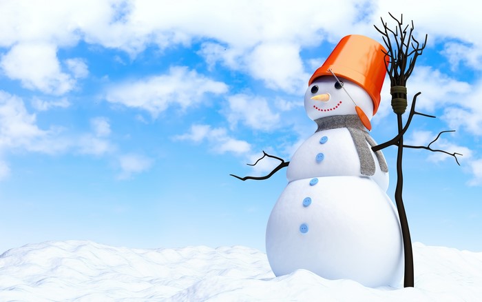 Snowman with orange bucket hat and broom