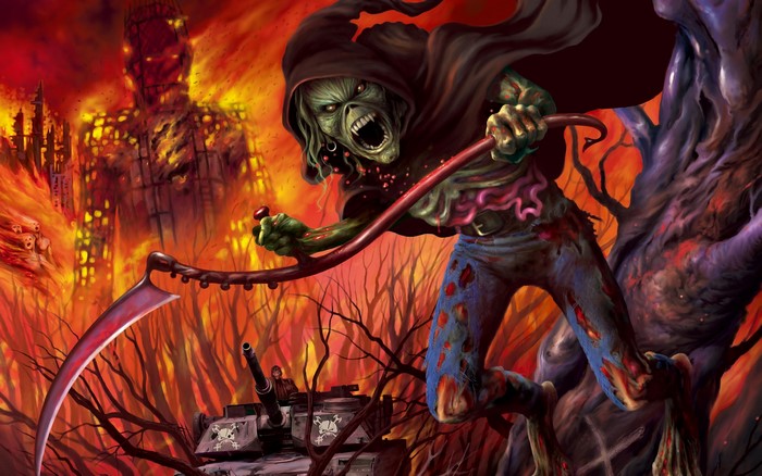 Eddie the Iron Maiden monster with scythe in burning city