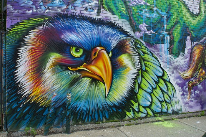 Graffiti of a colorful eagle on a brick wall