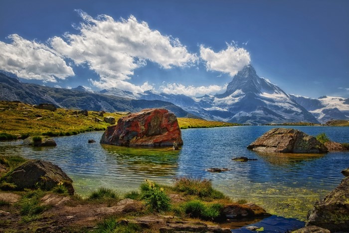 Matterhorn mountain reflected in a lake in Zermatt, Switzerland