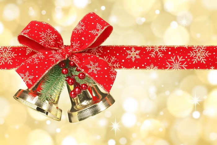 Christmas Bells with Red Bow and Holly Berries