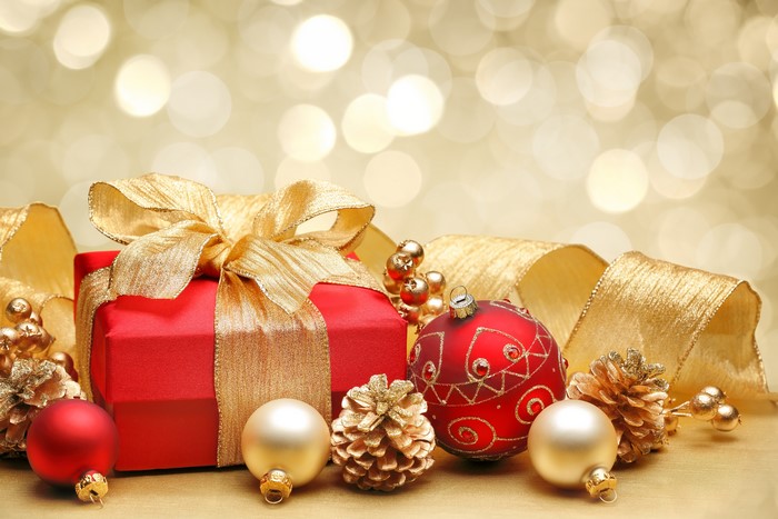 Christmas Gifts and Ornaments with Golden Ribbon