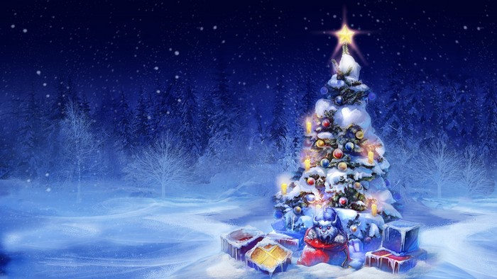 Christmas tree in a snowy forest at night