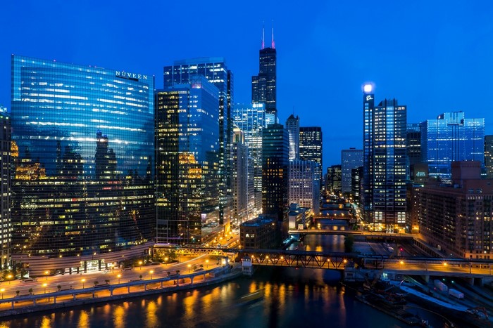 Chicago Skyline at Night with River and Skyscrapers
