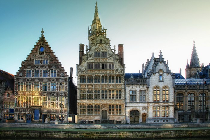 Ghent, Belgium historic canal-side buildings