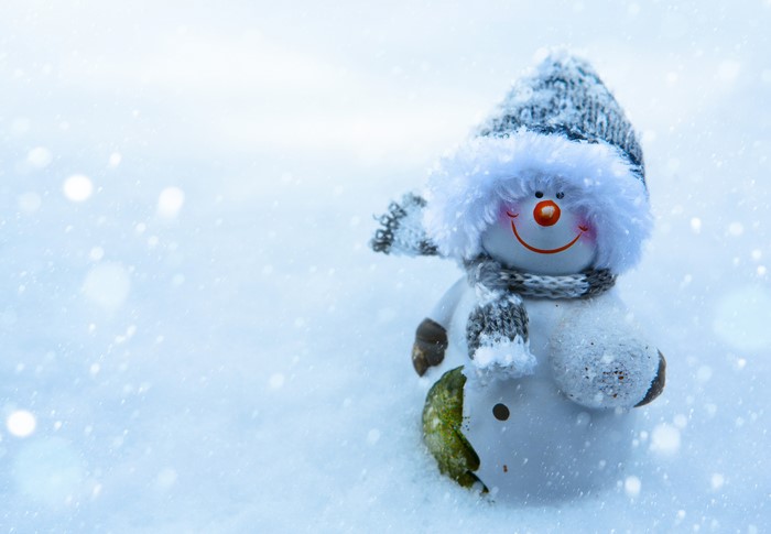Cute snowman with hat and scarf in snow
