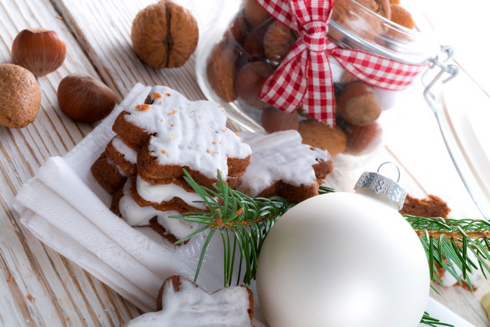Christmas cookies and nuts with ornament