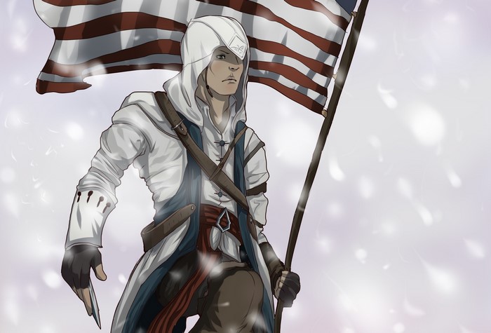 Connor Kenway from Assassin's Creed holding an American flag