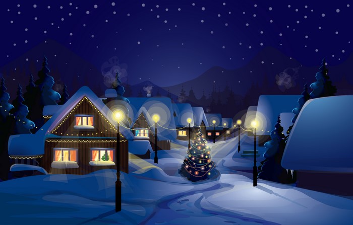 Christmas Village at Night with Snow and Lights