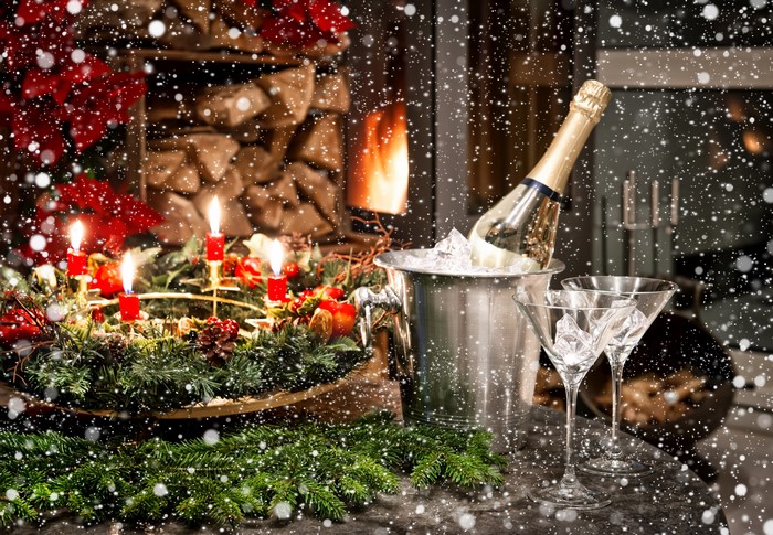 Christmas Celebration with Champagne and Candles