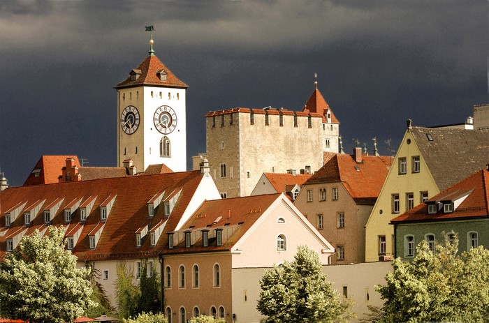 Regensburg, Germany, with a clock tower and tiled roofs
