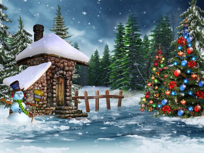 Snowy Christmas scene with a stone house and decorated tree