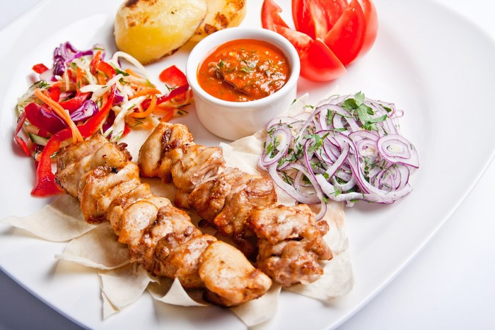 Chicken Shashlik with Potatoes and Salad