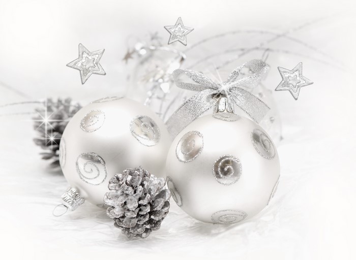 Christmas ornaments and pine cones with silver stars