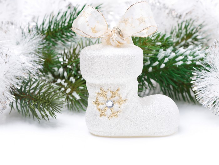White Christmas Boot Ornament with Bow and Snowflake