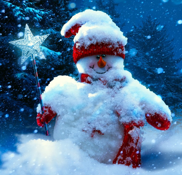 Snowman with a Star Wand in a Snowy Forest
