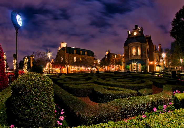 France Pavilion at Epcot at night with maze