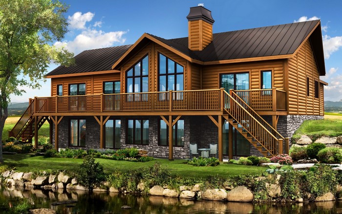 Log cabin house with deck and stone foundation