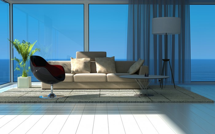 Modern living room with sofa and ocean view