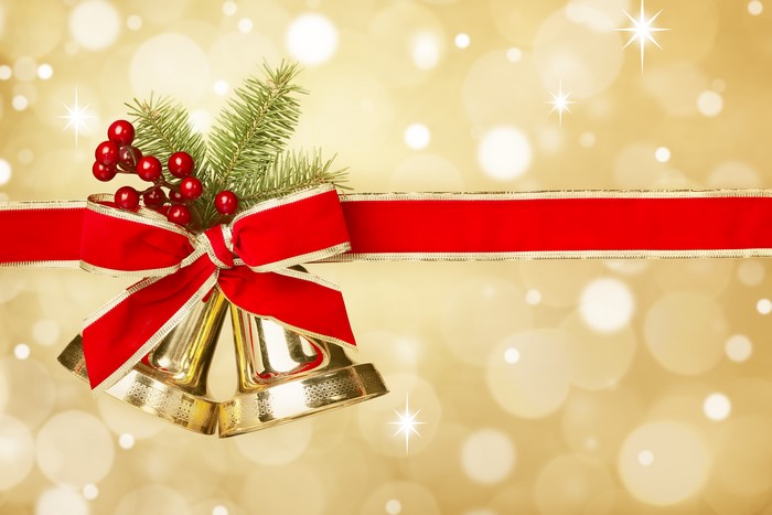 Christmas Bells with Red Ribbon and Pine