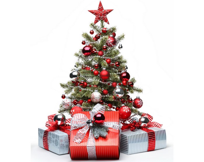 Christmas tree with red and silver ornaments and gifts