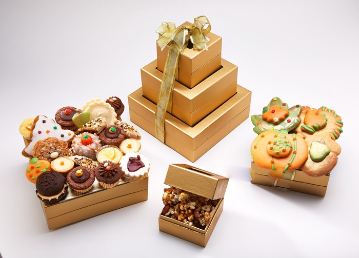 Golden Gift Boxes with Cookies and Popcorn