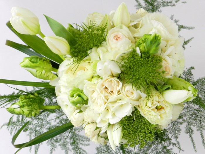 White and green floral bouquet with roses and tulips