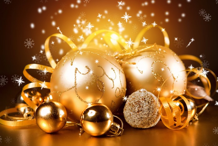 Golden Christmas Ornaments with Ribbons and Snowflakes