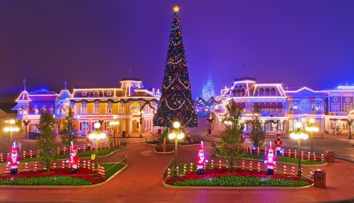 Christmas Tree and Buildings in Disneyland at Night