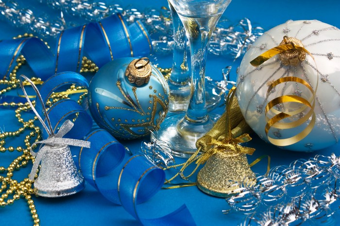 Christmas Balls and Bells with Blue Ribbons