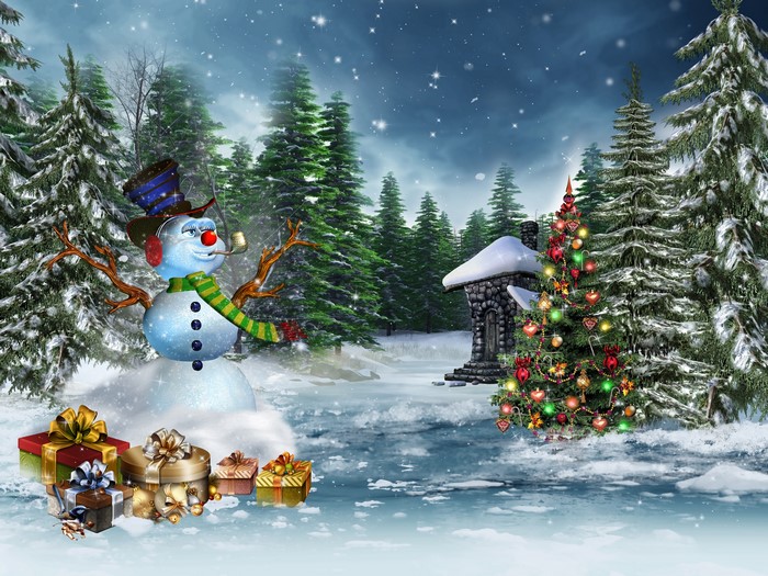 Snowman with Gifts and Christmas Tree in Winter Forest