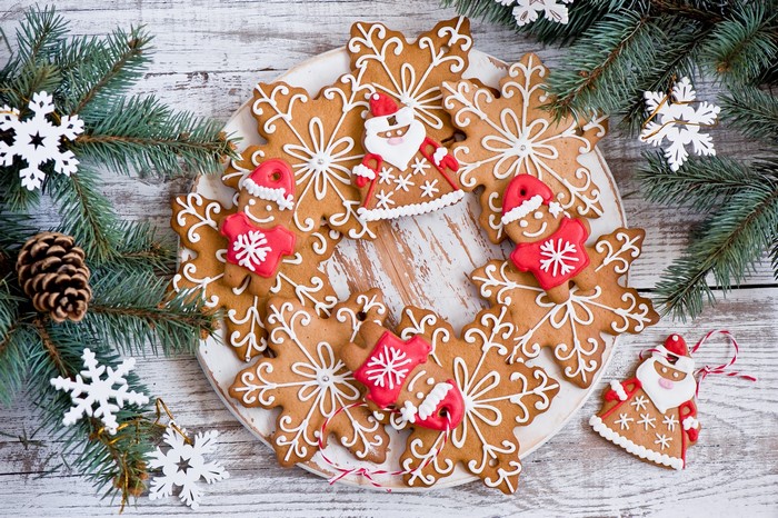 Christmas gingerbread cookies with Santa and snowflakes