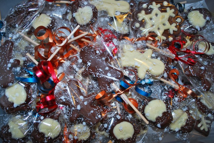 Many Christmas chocolate lollipops