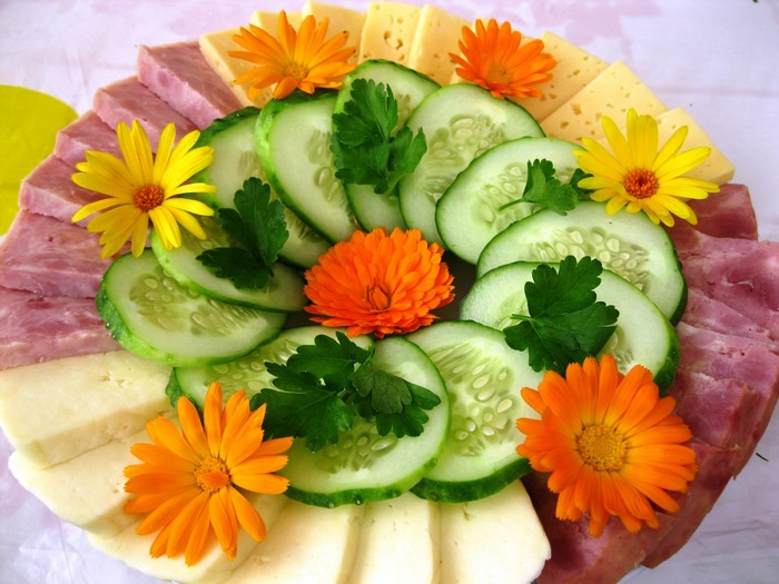 Platter of Ham, Cheese, Cucumbers, and Flowers