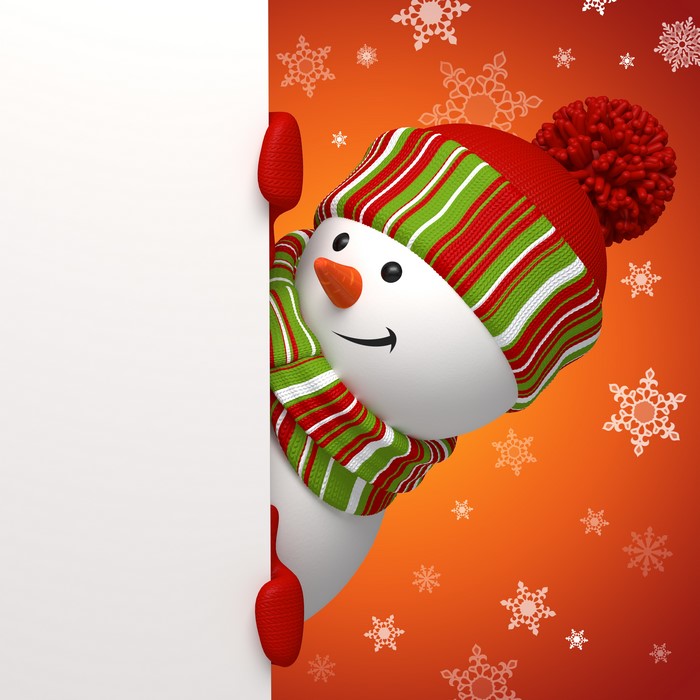 Snowman peeking from behind a blank sign with snowflakes