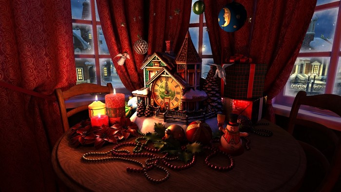 Christmas scene with candles, clock, and gifts