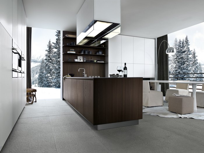 Modern kitchen with a winter mountain view